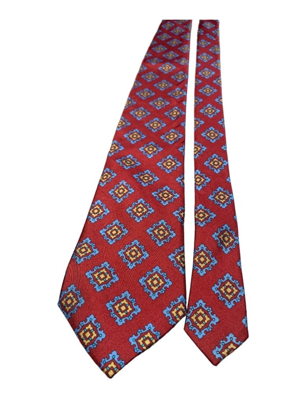 Burberrys of London Silk Mens Tie Red Blue Geometric Pattern Made in USA